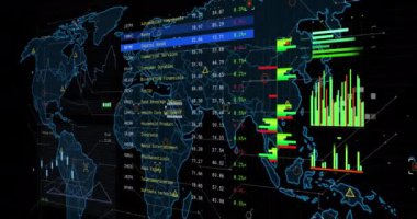 Ekran ve dünya haritası üzerinde finansal veri işleme animasyonu. Küresel ağlar, işletmeler, finansmanlar, hesaplama ve veri işleme kavramı dijital olarak oluşturuldu.