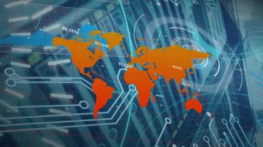 Bilgisayar servisi üzerinden dünya haritasıyla bağlantı ağının animasyonu. Dijital olarak oluşturulmuş küresel bağlantılar, iş, finans, bilgisayar ve veri işleme kavramı.