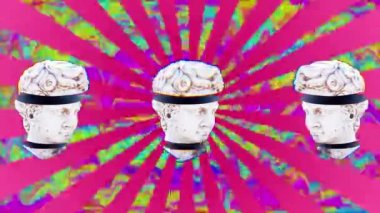 Pembe çizgili arka planda antik heykellerin animasyonu. Soyut, sanat, renk ve hareket konsepti dijital olarak oluşturulmuş video.