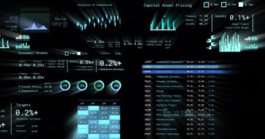 Siyah arkaplandaki rakamlarla finansal veri işleme animasyonu. Küresel ağlar, işletmeler, finansmanlar, hesaplama ve veri işleme kavramı dijital olarak oluşturuldu.