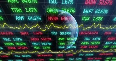 Tüm dünyada istatistik ve finansal veri işleme animasyonları. Dijital arayüz ve teknoloji kavramını dijital olarak oluşturan küresel finansman.