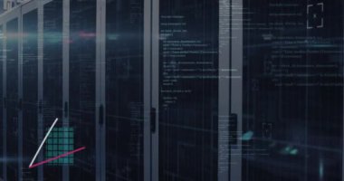 Bilgisayar sunucu odasında istatistiksel veri işleme ve ışık noktaları animasyonu. İş veri depolama teknolojisi kavramı