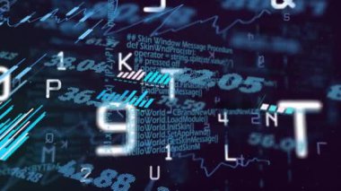 Siyah arkaplan üzerinden finansal veri işleme animasyonu. Küresel ağlar, işletmeler, finansmanlar, hesaplama ve veri işleme kavramı dijital olarak oluşturuldu.