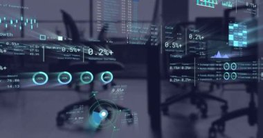 İş yerinde finansal veri işleme animasyonu. Küresel ağlar, işletmeler, finansmanlar, hesaplama ve veri işleme kavramı dijital olarak oluşturuldu.