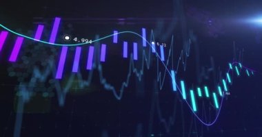 Siyah arkaplandaki rakamlarla finansal veri işleme animasyonu. Küresel ağlar, işletmeler, finansmanlar, hesaplama ve veri işleme kavramı dijital olarak oluşturuldu.