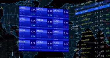 Ekranlarda finansal veri işleme animasyonu. Küresel ağlar, işletmeler, finansmanlar, hesaplama ve veri işleme kavramı dijital olarak oluşturuldu.