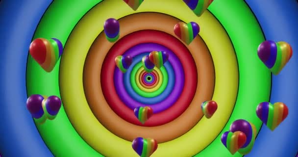 虹の円や色の上に虹の心のアニメーションがシームレスなループに移動します プライド月 Lgbtq 人権と平等の概念デジタル生成されたビデオ — ストック動画