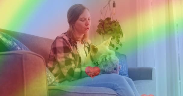 Animation Heart Emojis Rainbow Flag Caucasian Woman Dog Lgbtq Love — Stock Video