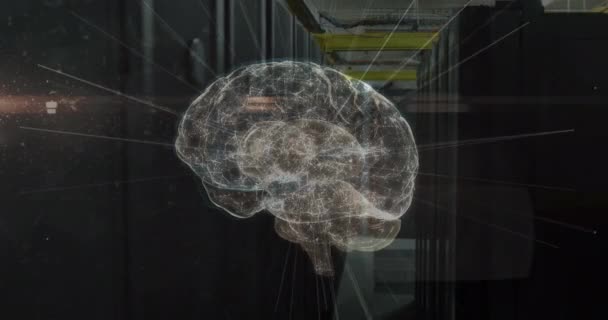 Animación Red Conexiones Cerebro Través Sala Servidores Tecnología Global Interfaz — Vídeos de Stock