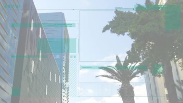 在低角度建筑视图下 围绕抽象界面的移动线动画 数字合成 多重曝光 架构和技术概念 — 图库视频影像