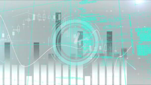 時計の上の財務データ処理のアニメーション グローバルビジネス コンピューティング データ処理の概念デジタル生成ビデオ — ストック動画