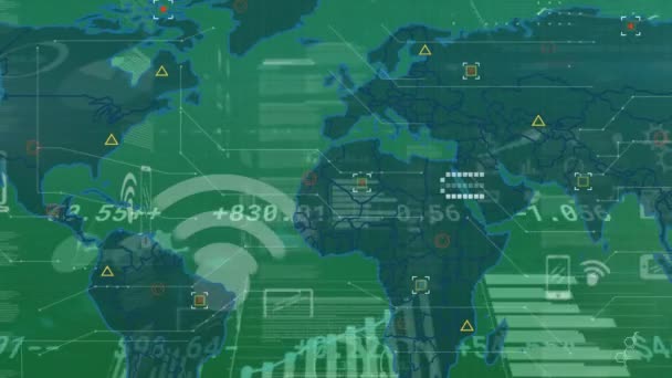 Animação Ícones Círculos Padrão Geométrico Sobre Placa Negociação Sobre Mapa — Vídeo de Stock