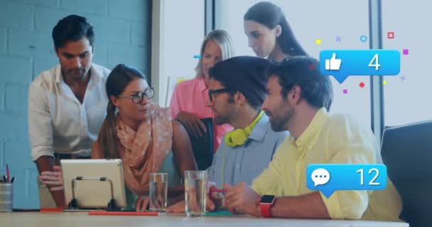 Animation Social Media Icons Diverse Colleagues Discussing Together Office Social — Stock Video