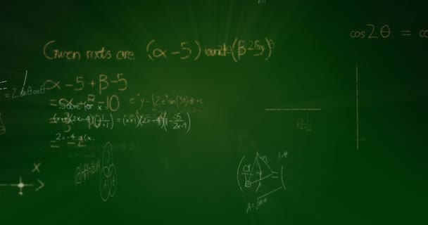 Анимация Математической Обработки Данных Зеленом Фоне Концепция Глобальной Науки Вычислительной — стоковое видео