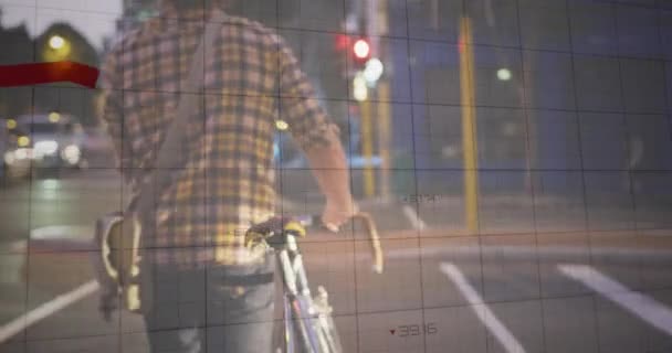 Animation Falling Graph Numbers Caucasian Man Crossing Road Bicycle Digital — Stock Video