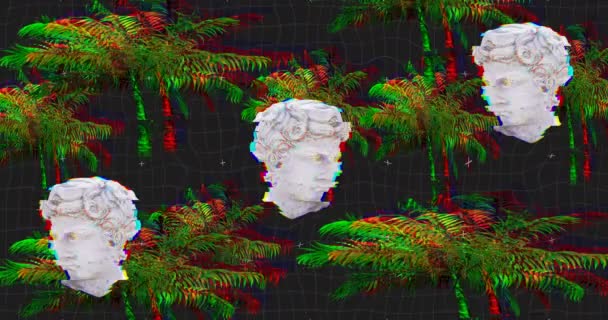 Animation Antiker Kopfskulpturen Über Palmen Abstraktes Kunst Farbe Und Bewegungskonzept — Stockvideo