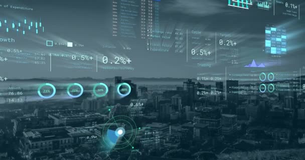 都市における金融データ処理のアニメーション グローバルネットワーク ビジネス コンピューティング データ処理の概念デジタル生成ビデオ — ストック動画