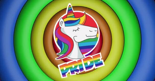 虹色の円や色の上に虹の誇りのテキストやユニコーンのアニメーションがシームレスなループに移動します プライド月 Lgbtq 人権と平等の概念デジタル生成されたビデオ — ストック動画