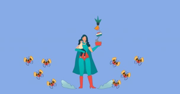 Animación Madre Superhéroe Con Hija Mariposas Iconos Sobre Fondo Azul — Vídeos de Stock