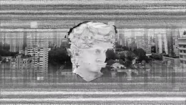 Animation Einer Antiken Kopfskulptur Vor Grauem Hintergrund Abstraktes Kunst Farbe — Stockvideo