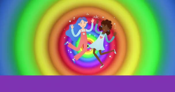 虹色の円と色の上の女性カップルのアニメーションがシームレスなループに移動します プライド月 Lgbtq 人権と平等の概念デジタル生成されたビデオ — ストック動画