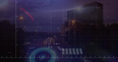 Animation of financial data processing over cityscape. Global business, finances, computing and data processing concept digitally generated video.