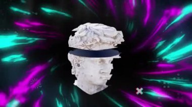 Çok renkli arka planda kesilmiş eski kafa heykelinin animasyonu. Soyut, sanat, renk ve hareket konsepti dijital olarak oluşturulmuş video.