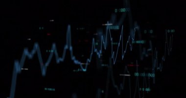 Siyah arkaplandaki rakamlarla finansal veri işleme animasyonu. Küresel ağlar, işletmeler, finansmanlar, hesaplama ve veri işleme kavramı dijital olarak oluşturuldu.