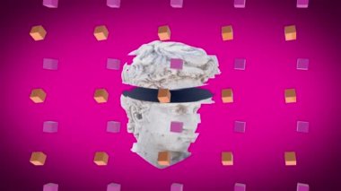 Pembe arka plandaki sıra sıra küplerin üzerine dilimlenmiş antik kafa heykeli animasyonu. Soyut, sanat, renk ve hareket konsepti dijital olarak oluşturulmuş video.