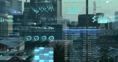 Animation of financial data processing over cityscape. Global business, finances, computing and data processing concept digitally generated video.