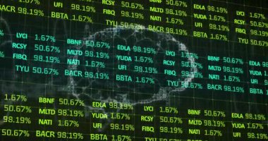 İnsan beyni üzerinde finansal veri işleme animasyonu. Küresel iş, finans, hesaplama ve veri işleme kavramı dijital olarak oluşturulmuş video.