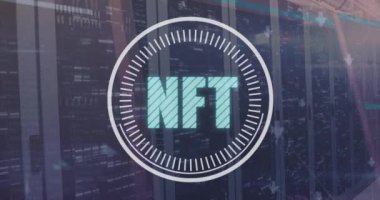 Bilgisayar sunucuları üzerinden Nft metin ile finansal veri işleme animasyonu. Küresel iş, finans, hesaplama ve veri işleme kavramı dijital olarak oluşturulmuş video.