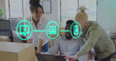 Animation of icons and data processing over diverse business people in office. Global business, finances, computing and data processing concept digitally generated video.