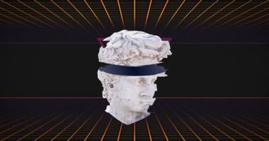 Siyah arka plandaki ızgaranın üzerinde kesilmiş eski kafa heykelinin animasyonu. Soyut, sanat, renk ve hareket konsepti dijital olarak oluşturulmuş video.