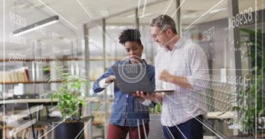 Animation of financial data processing over diverse business people. Global business, finances, computing and data processing concept digitally generated video.