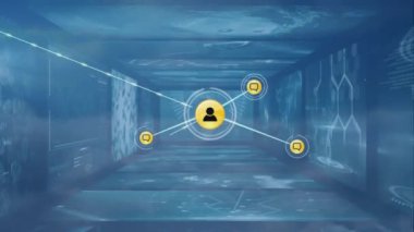 Ekranlar üzerinden bağlantı ve veri işleme ağının animasyonu. Küresel iş, finans, hesaplama ve veri işleme kavramı dijital olarak oluşturulmuş video.