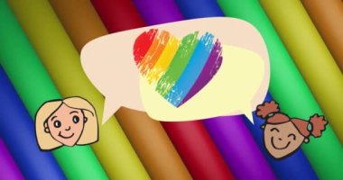 Gökkuşağı kalbinde, çizgilerde ve renklerde kusursuz döngü içinde sohbet eden iki kızın animasyonu. Gurur ayı, lgbtq, insan hakları ve eşitlik kavramı dijital olarak oluşturulmuş video.