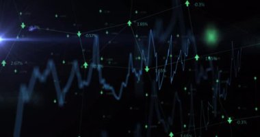 Siyah arkaplan üzerinden finansal veri işleme animasyonu. Küresel ağlar, işletmeler, finansmanlar, hesaplama ve veri işleme kavramı dijital olarak oluşturuldu.