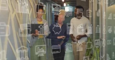 Animation of icons and data processing over diverse business people in office. Global business, finances, computing and data processing concept digitally generated video.