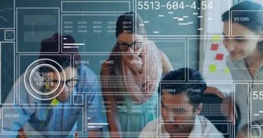 Animation of interface with data processing over diverse colleagues discussing over laptop at office. Computer interface and business technology concept