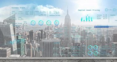Animation of financial data processing over cityscape. Global business, finances, computing and data processing concept digitally generated video.