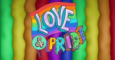 Gökkuşağı bayrağı, çizgiler ve renklerin üzerinde kusursuz döngü üzerinde aşk ve gurur metninin animasyonu. Gurur ayı, lgbtq, insan hakları ve eşitlik kavramı dijital olarak oluşturulmuş video.