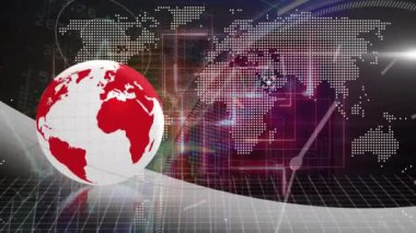 Veri işleme, küre ve dünya haritası üzerinde hareket eden saatin animasyonu. Küresel iş ve dijital arayüz kavramı dijital olarak oluşturulmuş video.