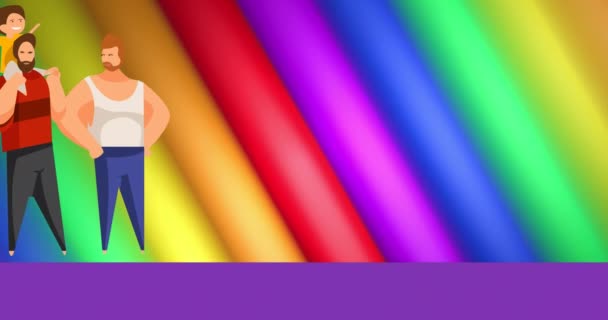 虹色の縞と色の上に子供を持つ男性のカップルのアニメーションはシームレスなループに移動します プライド月 Lgbtq 人権と平等の概念デジタル生成されたビデオ — ストック動画