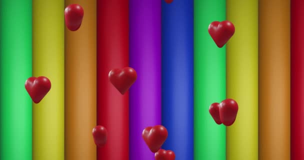 Animação Corações Vermelhos Sobre Listras Arco Íris Cores Que Movem — Vídeo de Stock