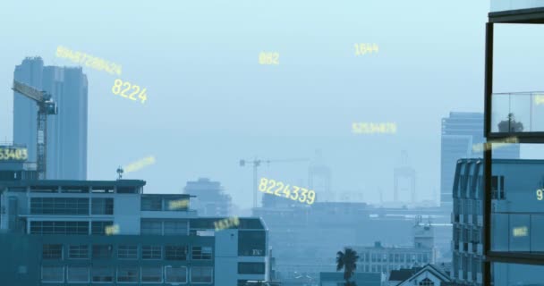 Animação Números Variáveis Sobre Edifícios Drones Voando Contra Céu Limpo — Vídeo de Stock