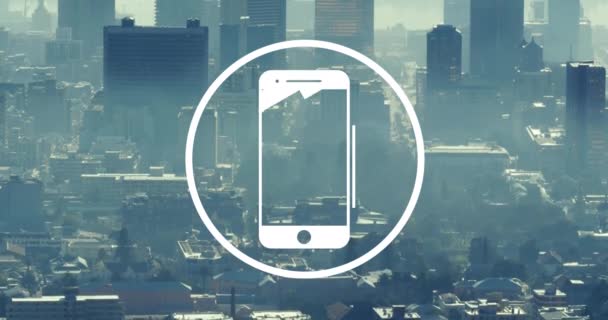 Анимация Иконки Смартфона Обработки Данных Городскому Пейзажу Концепция Глобального Бизнеса — стоковое видео