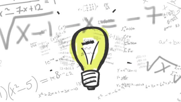 Animation Mathematical Equations Data Processing Light Bulb White Background Global — Stock Video