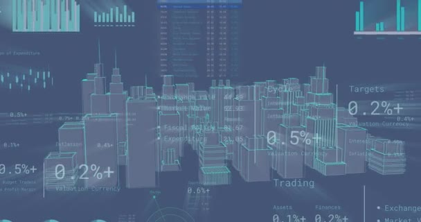 Animación Del Procesamiento Datos Financieros Sobre Modelo Ciudad Redes Globales — Vídeo de stock