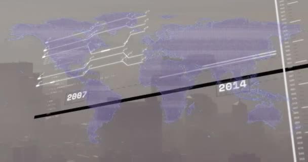 Animación Del Mapa Mundial Procesamiento Datos Través Del Paisaje Urbano — Vídeo de stock